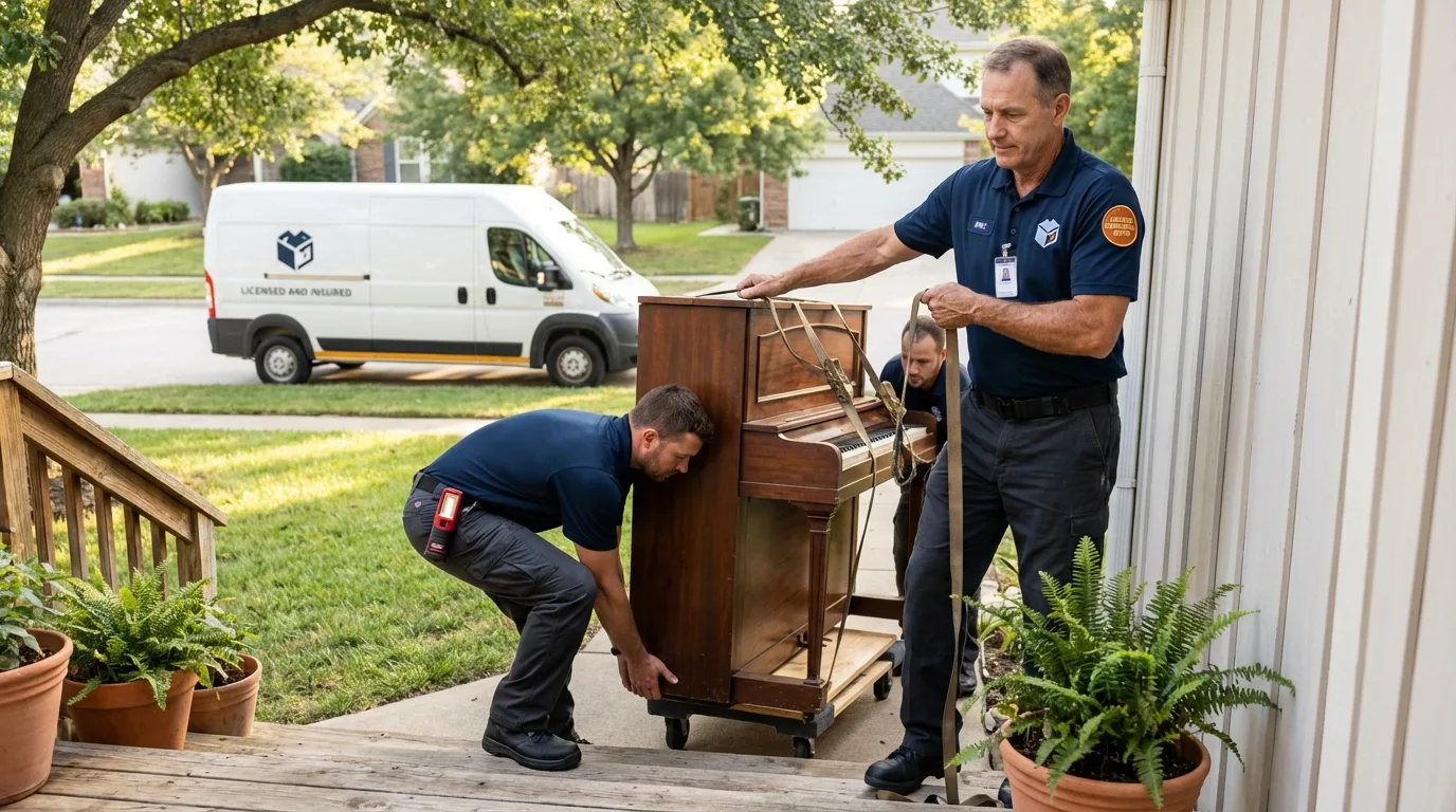 Licensed piano movers securing grand piano in Milford, PA