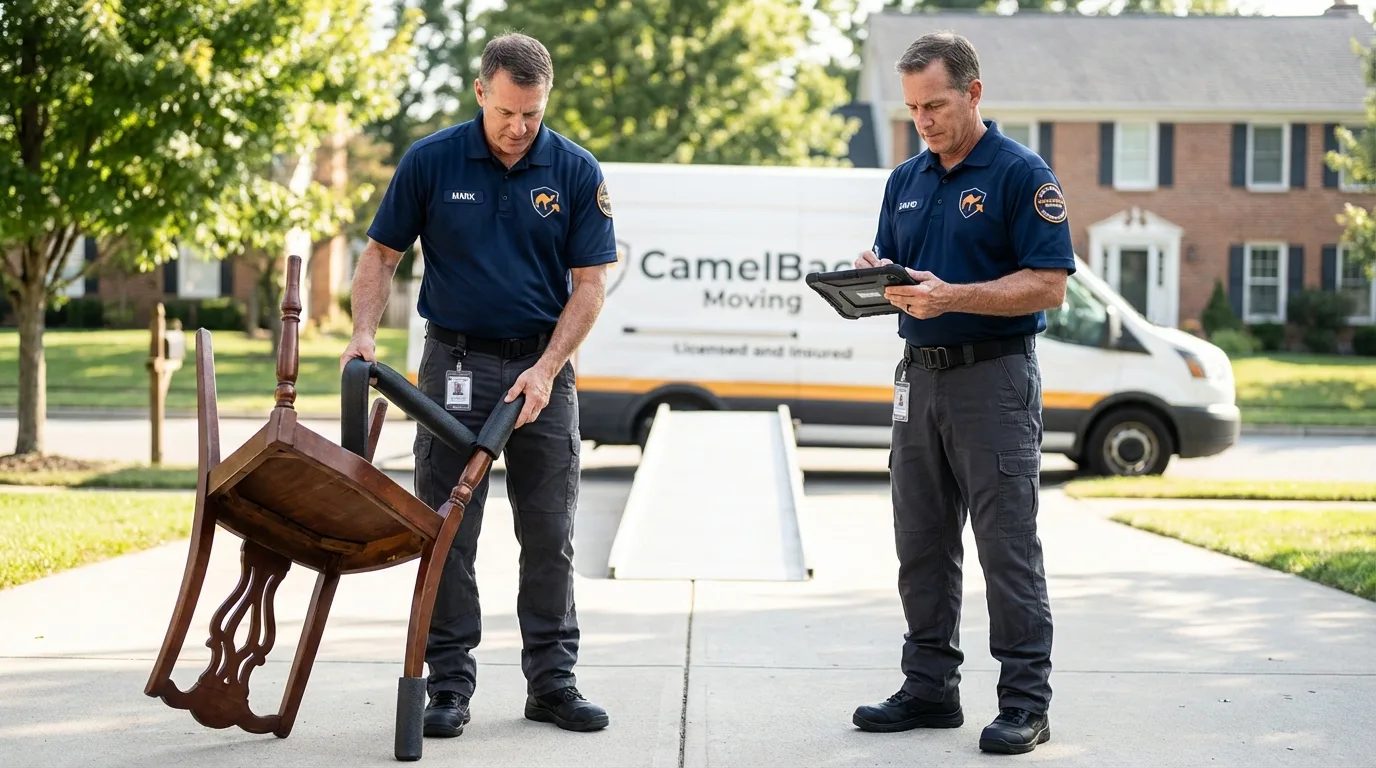 Movers inspecting furniture for damage prevention before loading in Milford, PA