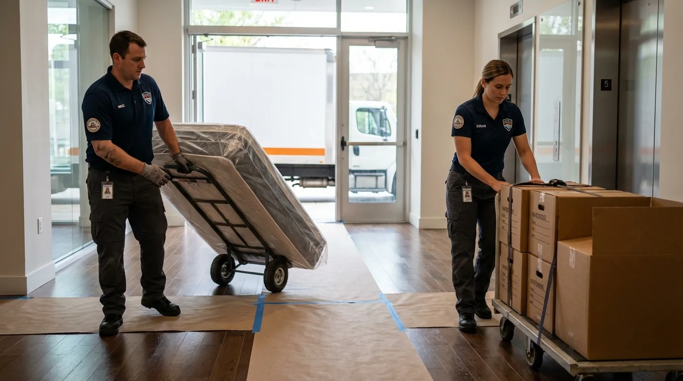 Professional apartment movers loading elevator in Milford, PA