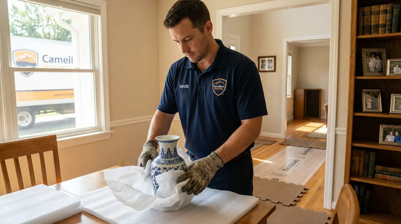 Professional crew carefully wrapping antique vase for senior downsizing move in Milford, PA